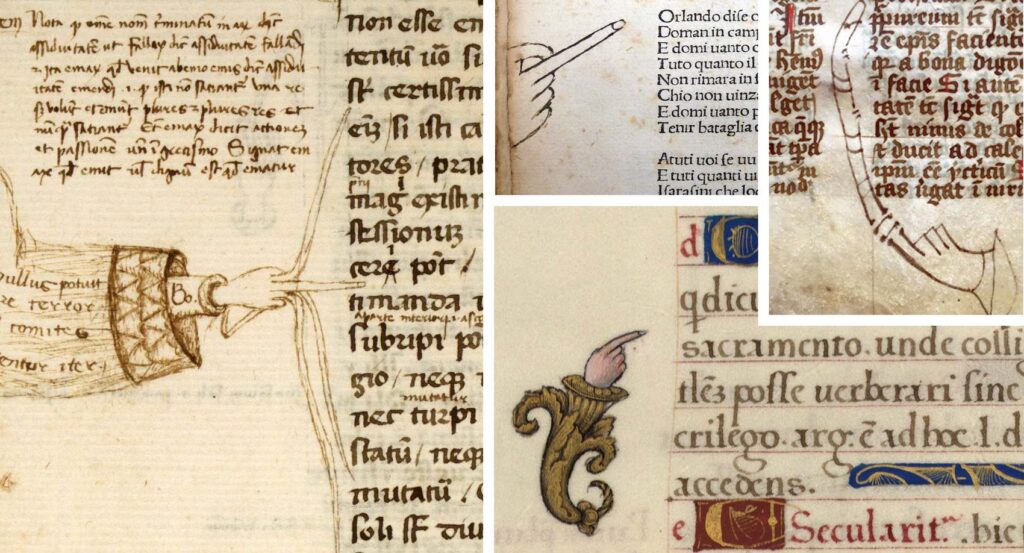 Image of a manicule with three fingers in a medieval manuscript